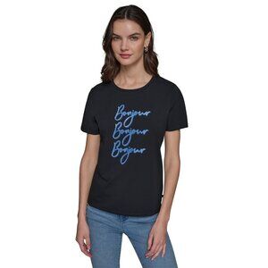 Karl Lagerfeld Paris Women's Bonjour Embellished Black T-Shirt Top Size S $59
